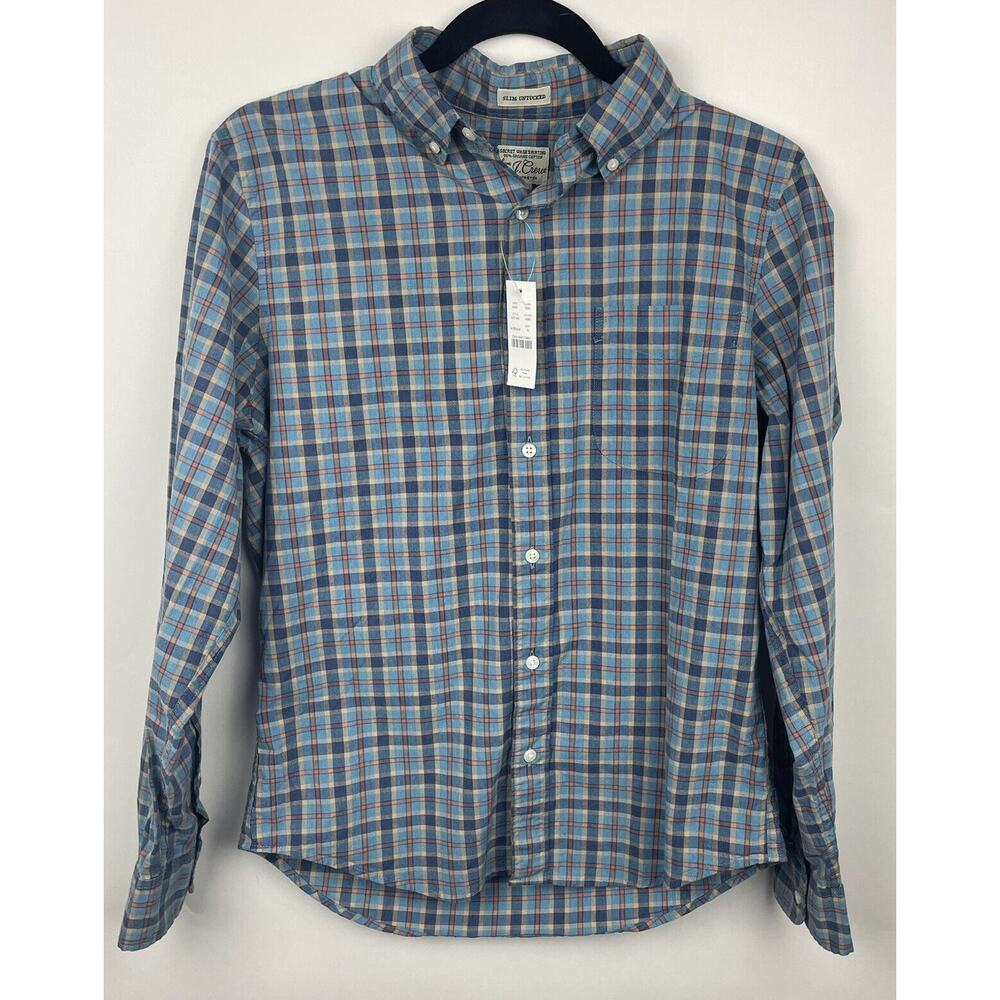 New J.Crew Mens Small Button Down Shirt Blue Plaid Slim Untucked Stretch Cotton